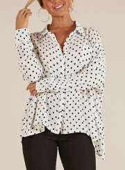 Polka Dot Turn-Down Collar Long Sleeve High Low Loose Button Down Shirt
