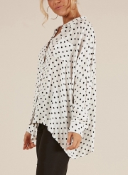 Polka Dot Turn-Down Collar Long Sleeve High Low Loose Button Down Shirt