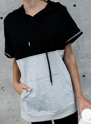 Summer Hooded Sleeveless Color Block Pockets Pullover Hoodie