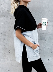 Summer Hooded Sleeveless Color Block Pockets Pullover Hoodie