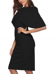 Black Round Neck High Waist Bodycon Midi Dress