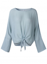 Round Neck Long Sleeve Bow Tie Loose Pullover Blouse
