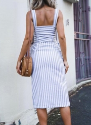 Blue Striped Strappy Waist Tie Button Down Dress With Pockets