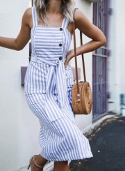 Blue Striped Strappy Waist Tie Button Down Dress With Pockets