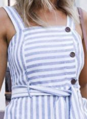 Blue Striped Strappy Waist Tie Button Down Dress With Pockets