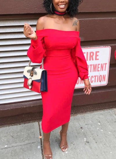 Red Off Shoulder Long Sleeve Midi Dress