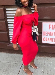 Red Off Shoulder Long Sleeve Midi Dress