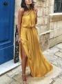 yellow-one-shoulder-elastic-waist-high-slit-asymmetric-maxi-dress