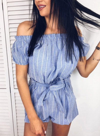 Blue Off Shoulder Short Sleeve Playsuit With Blet STYLESIMO.com