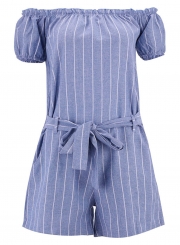 Blue Off Shoulder Short Sleeve Playsuit With Blet