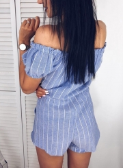 Blue Off Shoulder Short Sleeve Playsuit With Blet