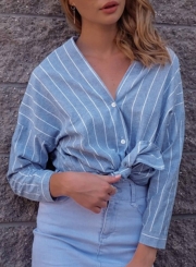 Blue Striped V Neck Long Sleeve Loose Button Down Shirt