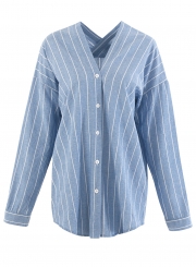 Blue Striped V Neck Long Sleeve Loose Button Down Shirt