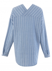 Blue Striped V Neck Long Sleeve Loose Button Down Shirt