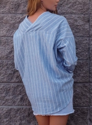 Blue Striped V Neck Long Sleeve Loose Button Down Shirt