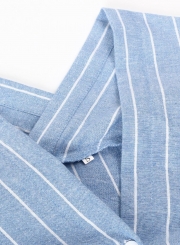 Blue Striped V Neck Long Sleeve Loose Button Down Shirt