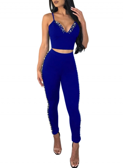 Blue Pearl Strappy V Neck Zip Crop Top and Pencil Pants Set YOUYOUFASHIONEC.com