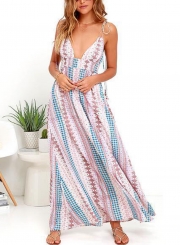 Floral Print Spaghetti Strap V Neck Elastic Waist Swing Maxi Dress