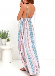 Floral Print Spaghetti Strap V Neck Elastic Waist Swing Maxi Dress