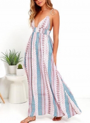 Floral Print Spaghetti Strap V Neck Elastic Waist Swing Maxi Dress