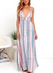 Floral Print Spaghetti Strap V Neck Elastic Waist Swing Maxi Dress