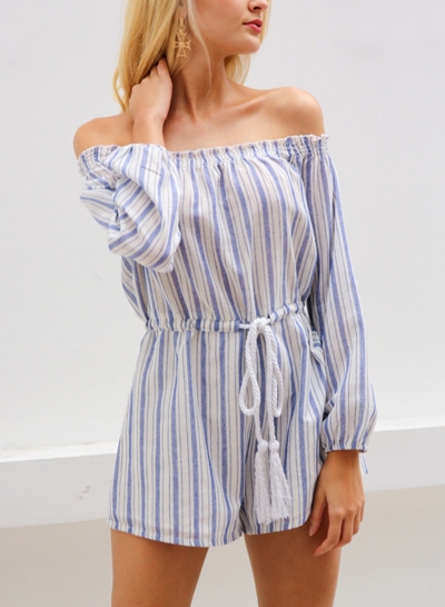 Striped Off Shoulder Half Sleeve Wide Leg Playsuit with Drawstring