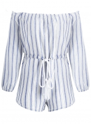 Striped Off Shoulder Half Sleeve Wide Leg Playsuit with Drawstring