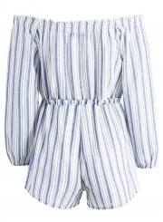 Striped Off Shoulder Half Sleeve Wide Leg Playsuit with Drawstring