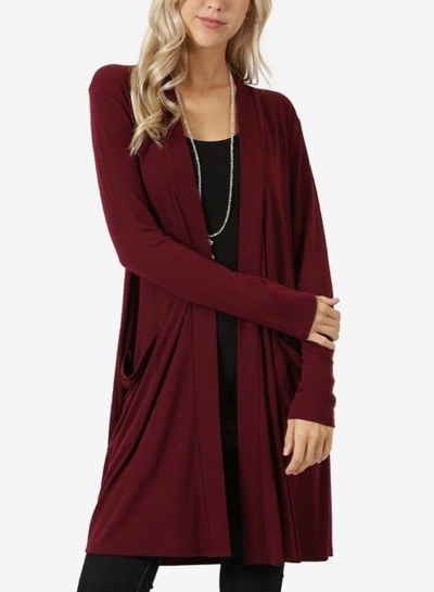 Burgundy Casual Long Sleeve Open Front Cardigan With Pockets YOUYOUFASHIONEC.com