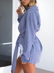 Blue Striped Long Sleeve Button Down Shirt With Belt