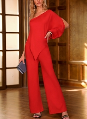 Red One Shoulder Split Sleeve Wide Leg Jumpsuit With Zip