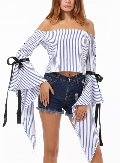 Sexy Striped Off Shoulder Petal Sleeve Crop Top Blouse With Bow YOUYOUFASHIONEC.com