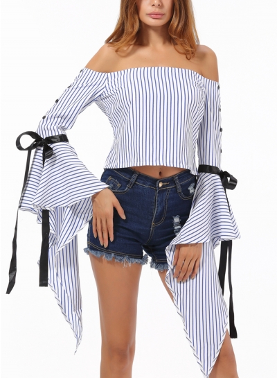 Sexy Striped Off Shoulder Petal Sleeve Crop Top Blouse With Bow