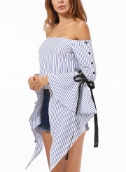 Sexy Striped Off Shoulder Petal Sleeve Crop Top Blouse With Bow