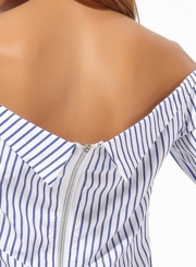 Sexy Striped Off Shoulder Petal Sleeve Crop Top Blouse With Bow