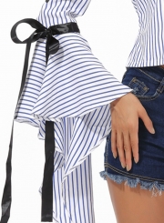 Sexy Striped Off Shoulder Petal Sleeve Crop Top Blouse With Bow