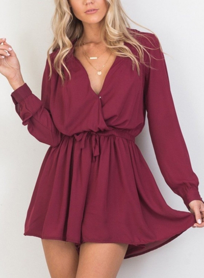 Burgundy V Neck Long Sleeve Elastic Waist Wide Leg Romper YOUYOUFASHIONEC.com