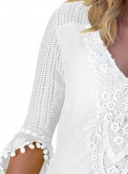 White V Neck Half Sleeve Lace Hollow Out Loose Pullover Dress