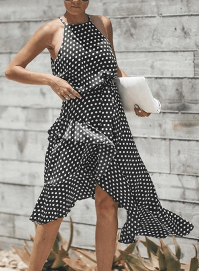 Black Polka Dot Sleeveless Elastic Waist Irregular Dress