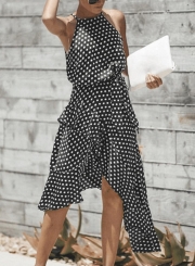 Black Polka Dot Sleeveless Elastic Waist Irregular Dress