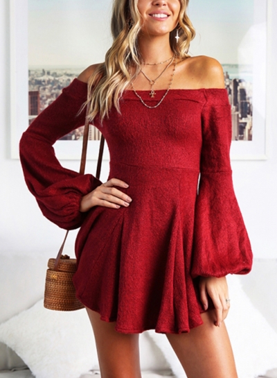 Red Off Shoulder Long Sleeve Swing Dress YOUYOUFASHIONEC.com