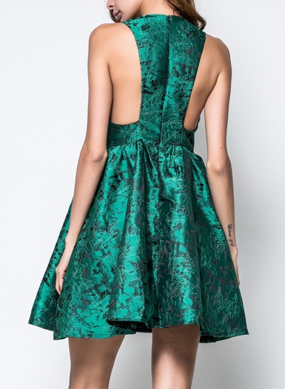 Green Sleeveless High Waist Skater Dress With Zip