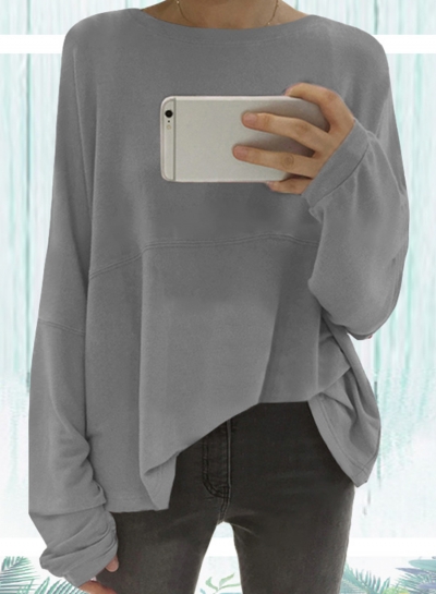 Grey Round Neck Dolman Sleeve Loose Tee YOUYOUFASHIONEC.com