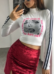 White Casual Letters Print Striped Long Sleeve High Neck Crop Top