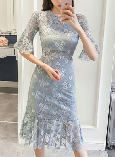 Light Blue Lace Midi Dress YOUYOUFASHIONEC.com