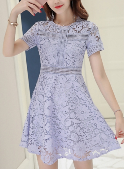 Summer Short Sleeve Round Neck Lace Hollow Out A-line Slim Dress