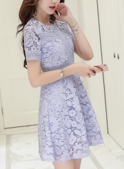 Summer Short Sleeve Round Neck Lace Hollow Out A-line Slim Dress