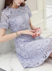 Summer Short Sleeve Round Neck Lace Hollow Out A-line Slim Dress