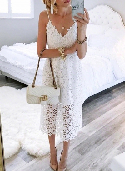 White Spaghetti Strap V Neck Lace Hollow Out Dress With Zip YOUYOUFASHIONEC.com