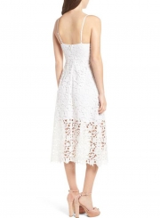 White Spaghetti Strap V Neck Lace Hollow Out Dress With Zip